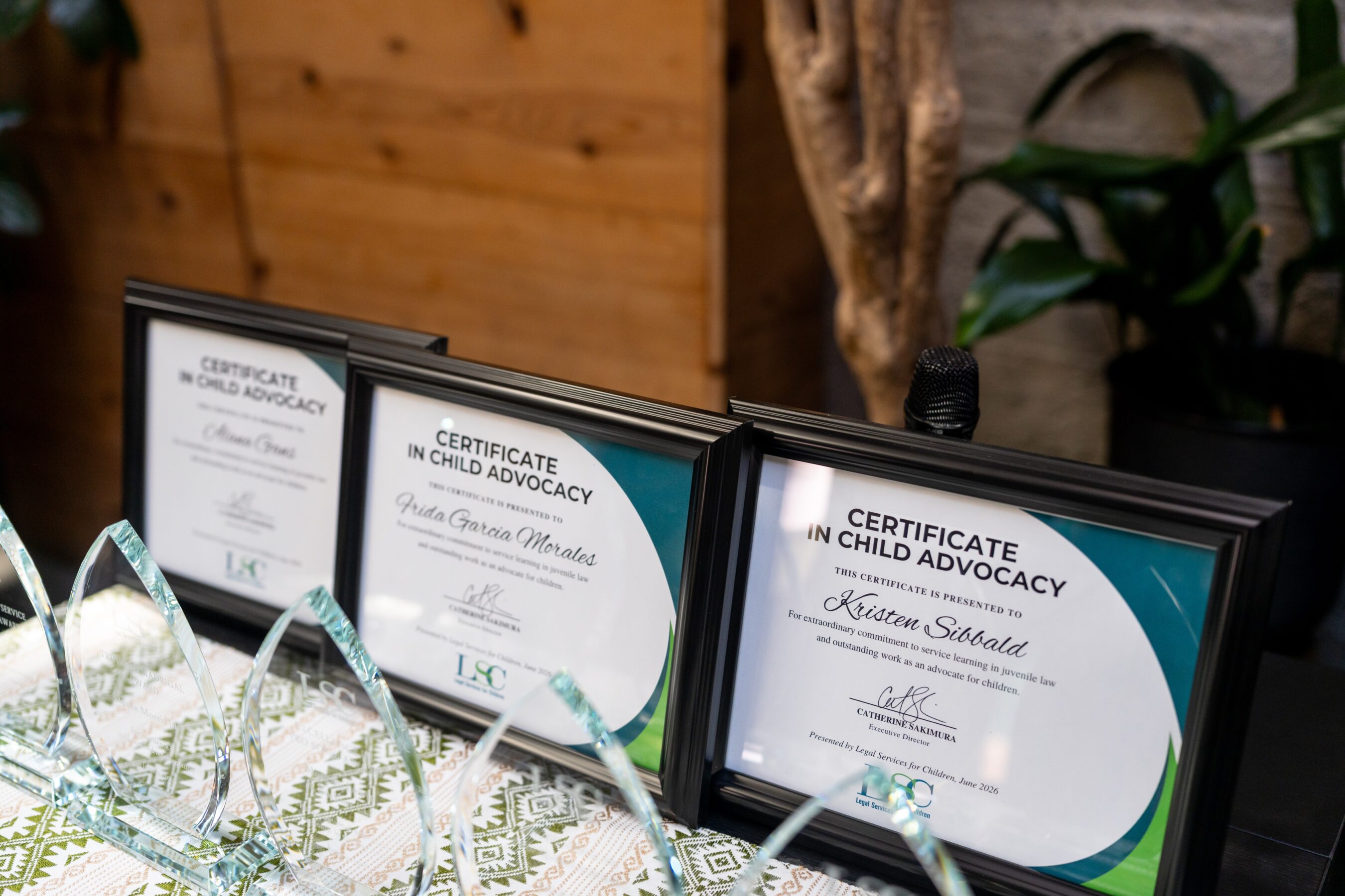 Crystal award plaques and framed Certificates in Child Advocacy displayed on a table with a patterned tablecloth